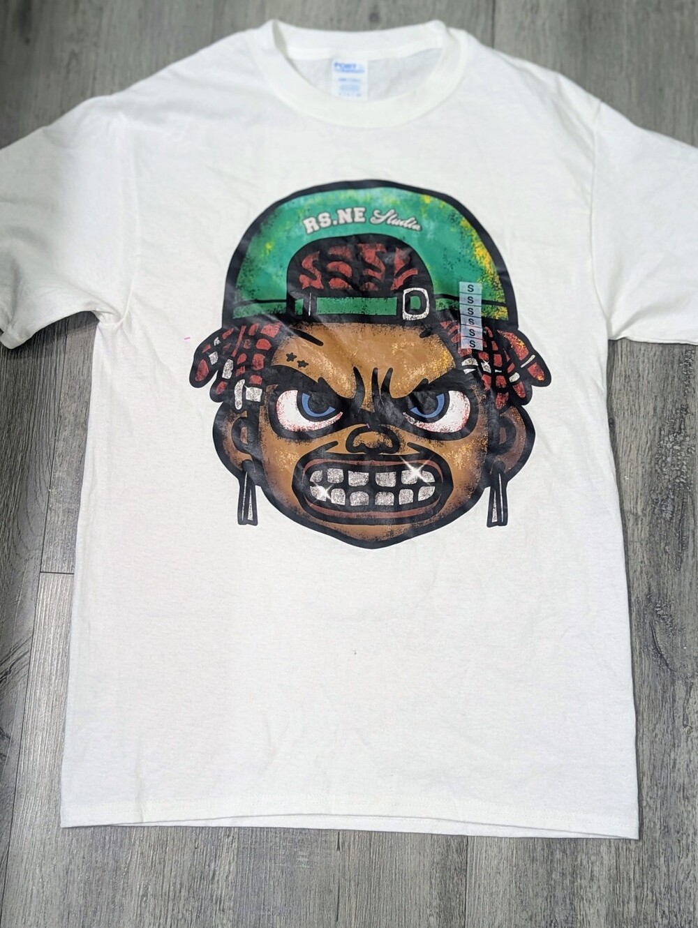 White Graphic Tee with Green Cap Character New